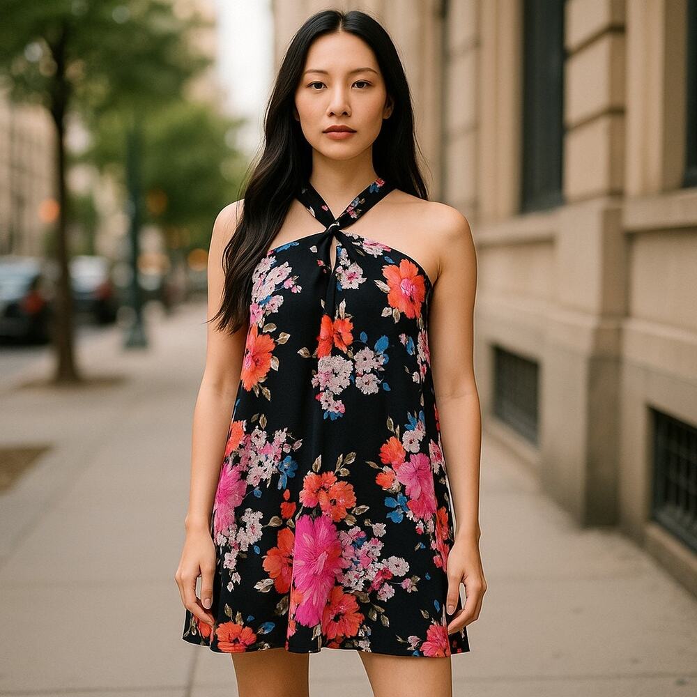 Newbury Kustom Womens Dress Sz S Black Floral Print Halter Knot Sundress USA NEW